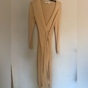 Tan Long Sleeve Wrap Dress
